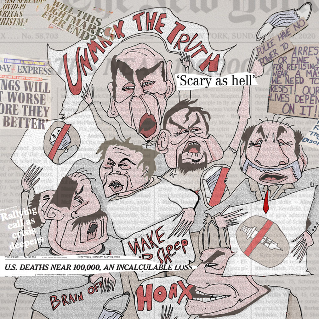 cartoon of men protesting against vaccination