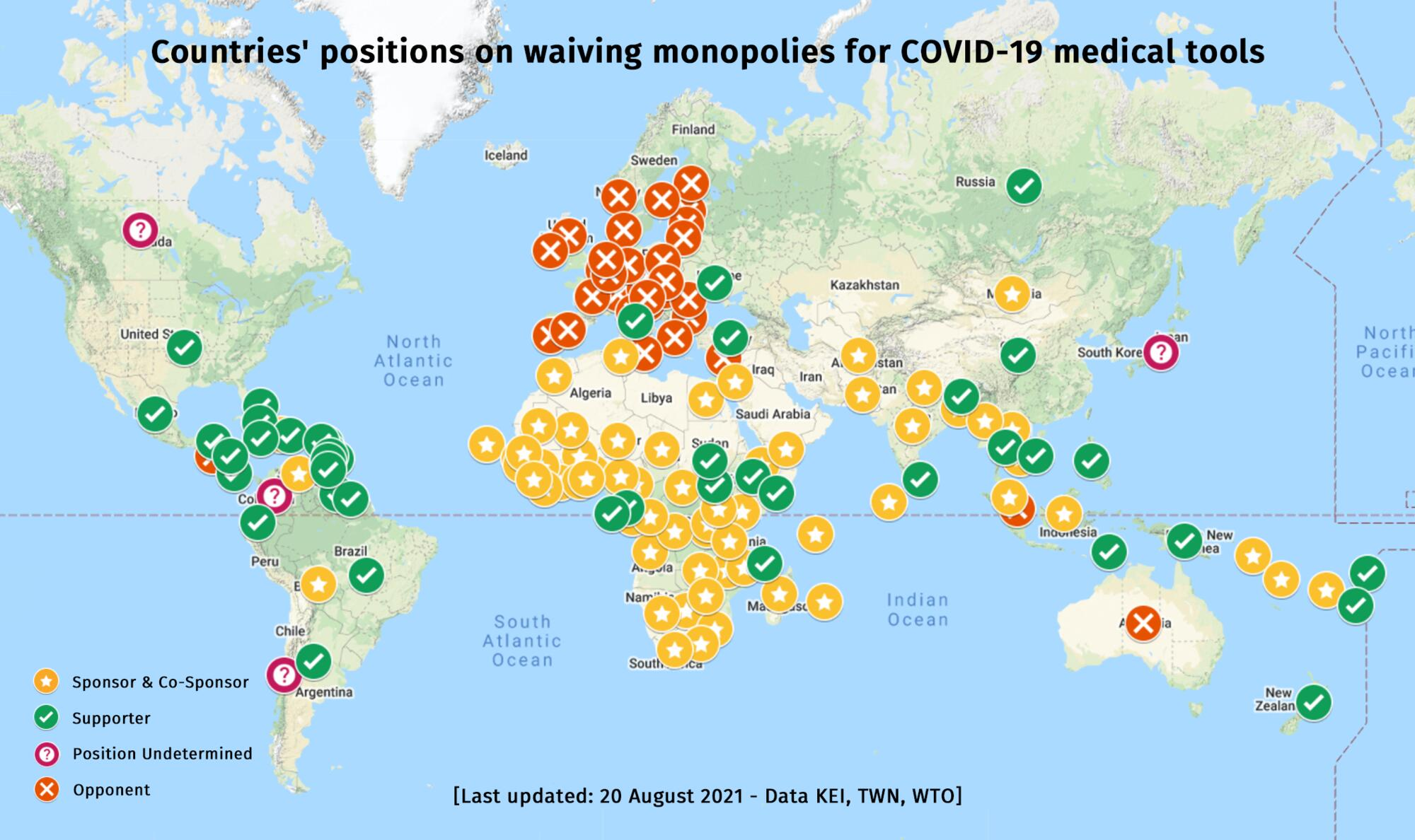 Map of the world showing countries that oppose, approve, or are unsure of a patent waiver on COVID-19 vaccines. Image shows that the vast majority of European countries oppose a patent waiver.