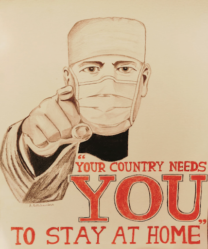 image of a masked health worker points at the views, reads ' your country needs you to stay at home'