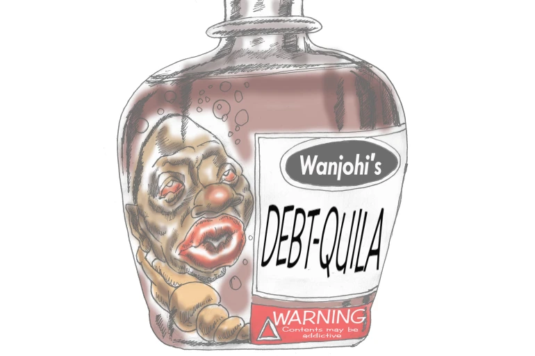 cartoon of a bottle with the label 'debt-quila'