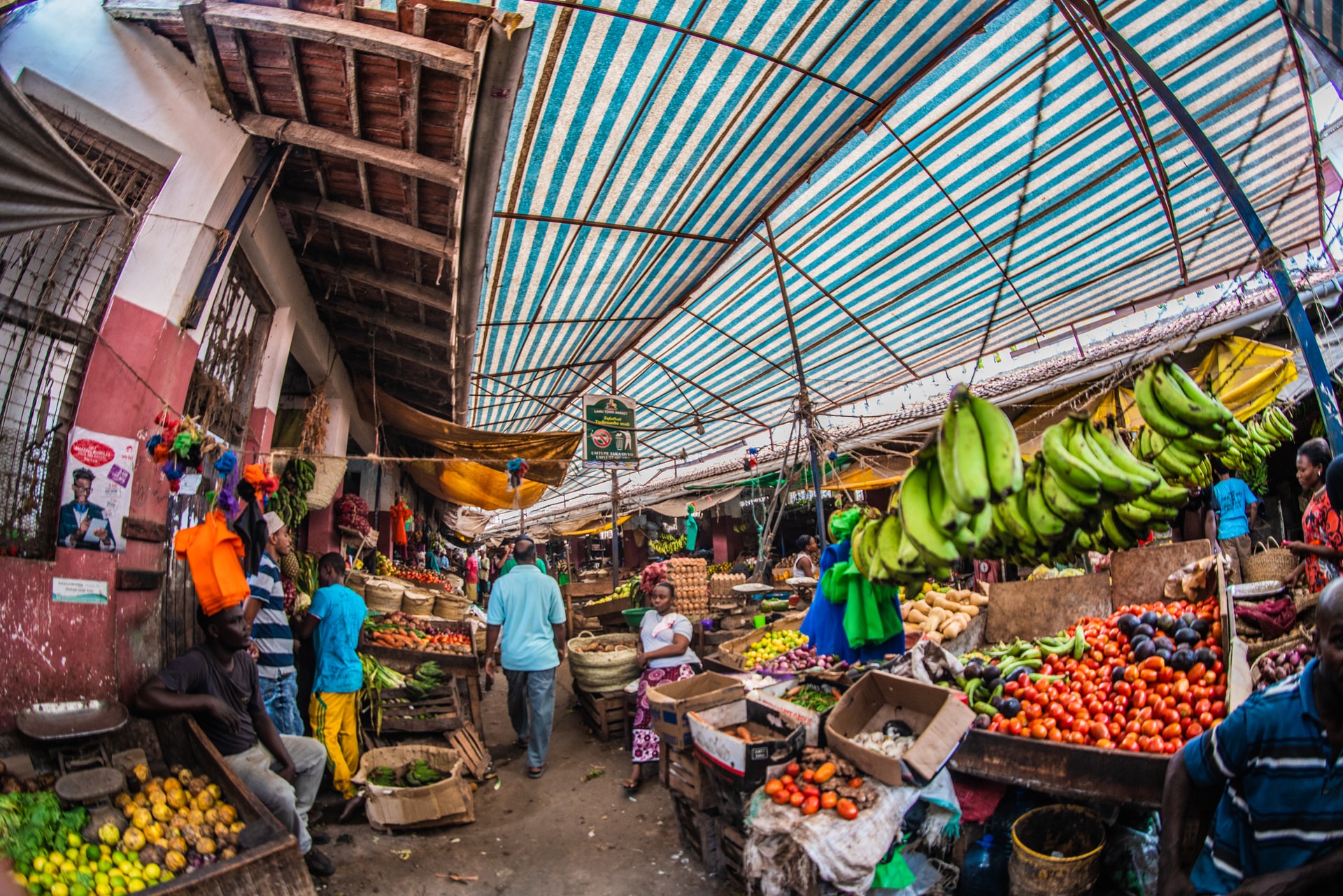 photo of a fruit market with people walking around and fruit for sale in tents